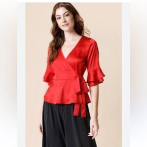 Miami Satin Tie Side Blouse Top Flare Ruffle Bell Sleeve V-neck Red Large